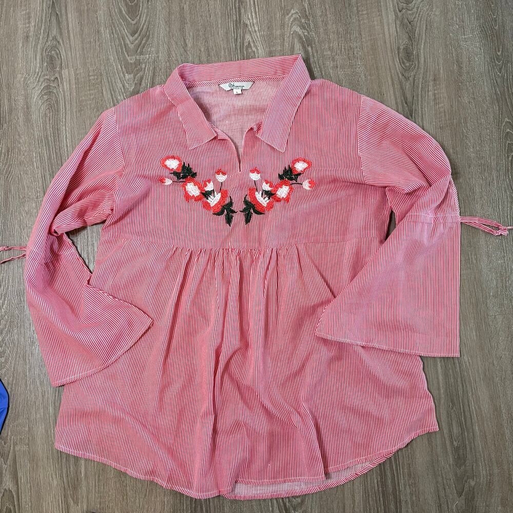 Bhama Couture Embroidered Floral Stripe Tunic Top L Boho Bell Sleeve​​